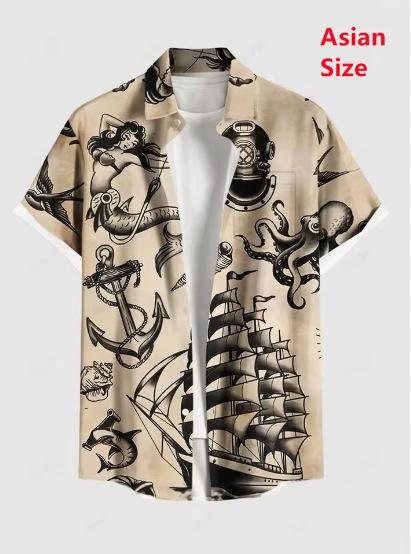 Summer Men's Coconut Tree Shirt Short Sleeve Top Casual Hawaiian Shirt Turning Casual Shirt Button On