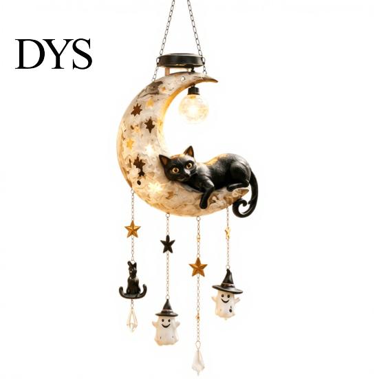 Waterproof Patio Porch Ornaments Solar Moon Black Cat Wind Chime Light, Powered Hanging Lamp, Resin Themed Yard Decorations Outdoor Decor for