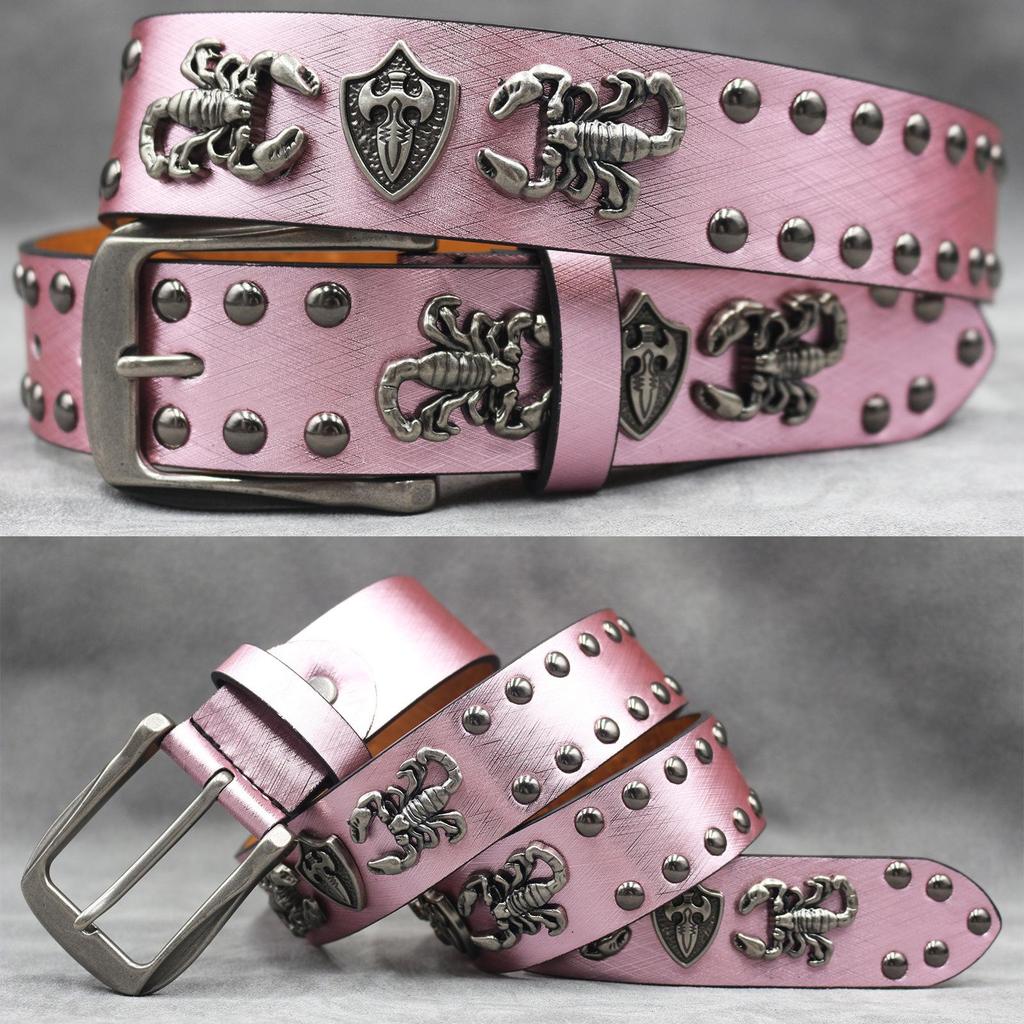 Kožený opasek s nýty ve tvaru lebky: Unisex punkový pásek s potiskem hada