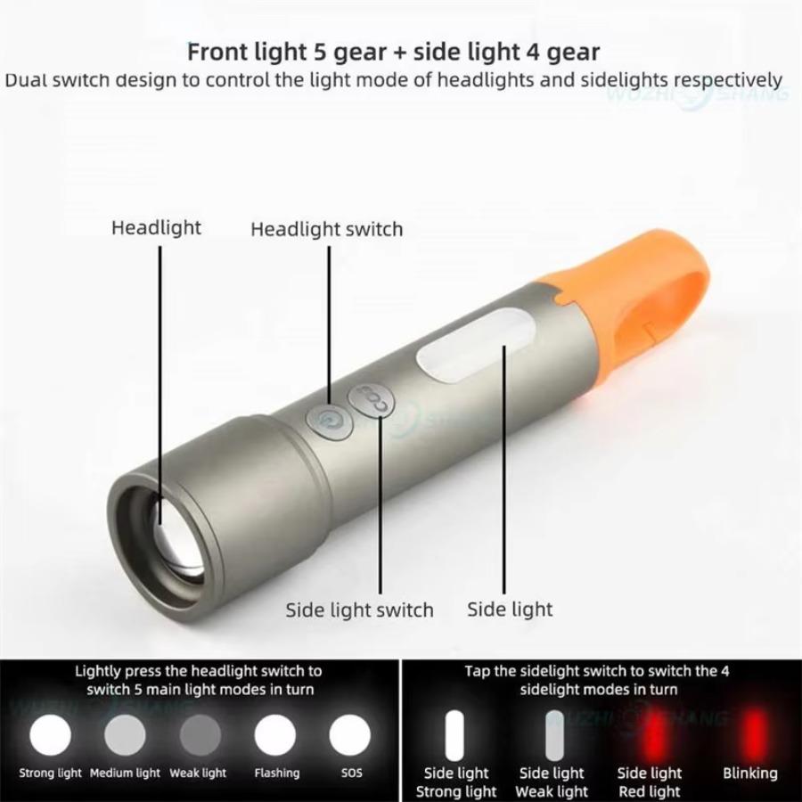 New Multifunctional Flashlight with Side Floodlights Telescopic Zoom Outdoor Portable LED Flashlight Carrying Tail Hook