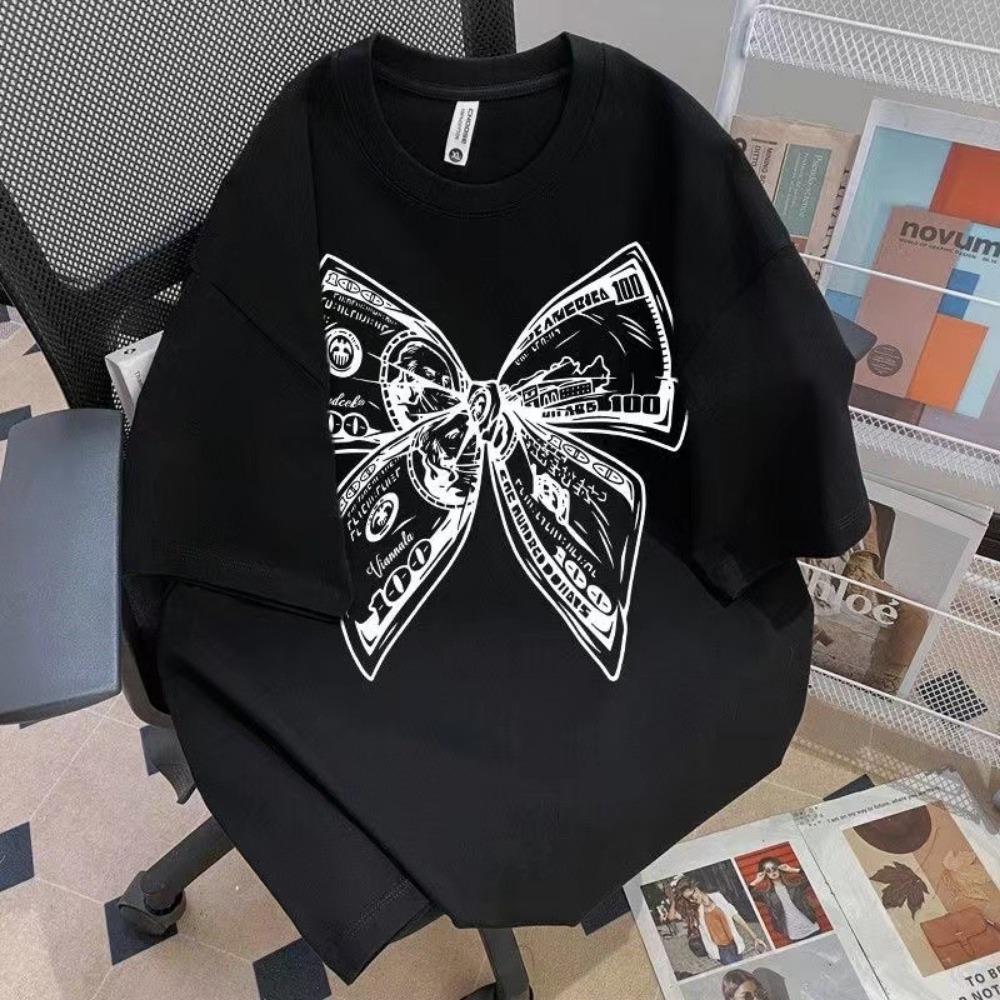 Summer Fashion Trendy Bow Printing Round Neck T-shirt Short Sleeve Large Size Universal Top for Men and Women