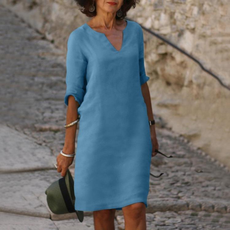 Women Summer Casual Retro Cotton Linen V Neck Dress Light Breathable Half Sleeve Solid Color