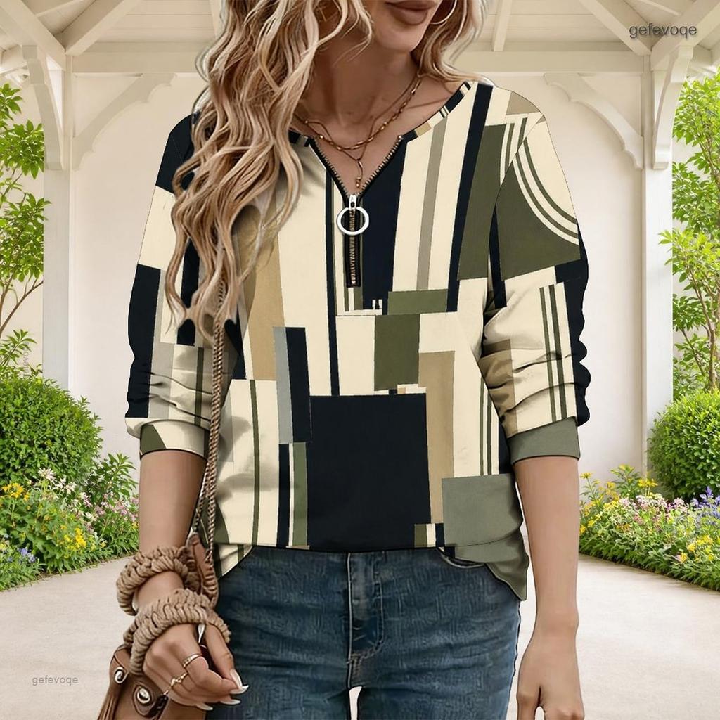 Women Plus Size Abstract Geometric Printed V Neck Half Sleeve Zip Sweatshirt