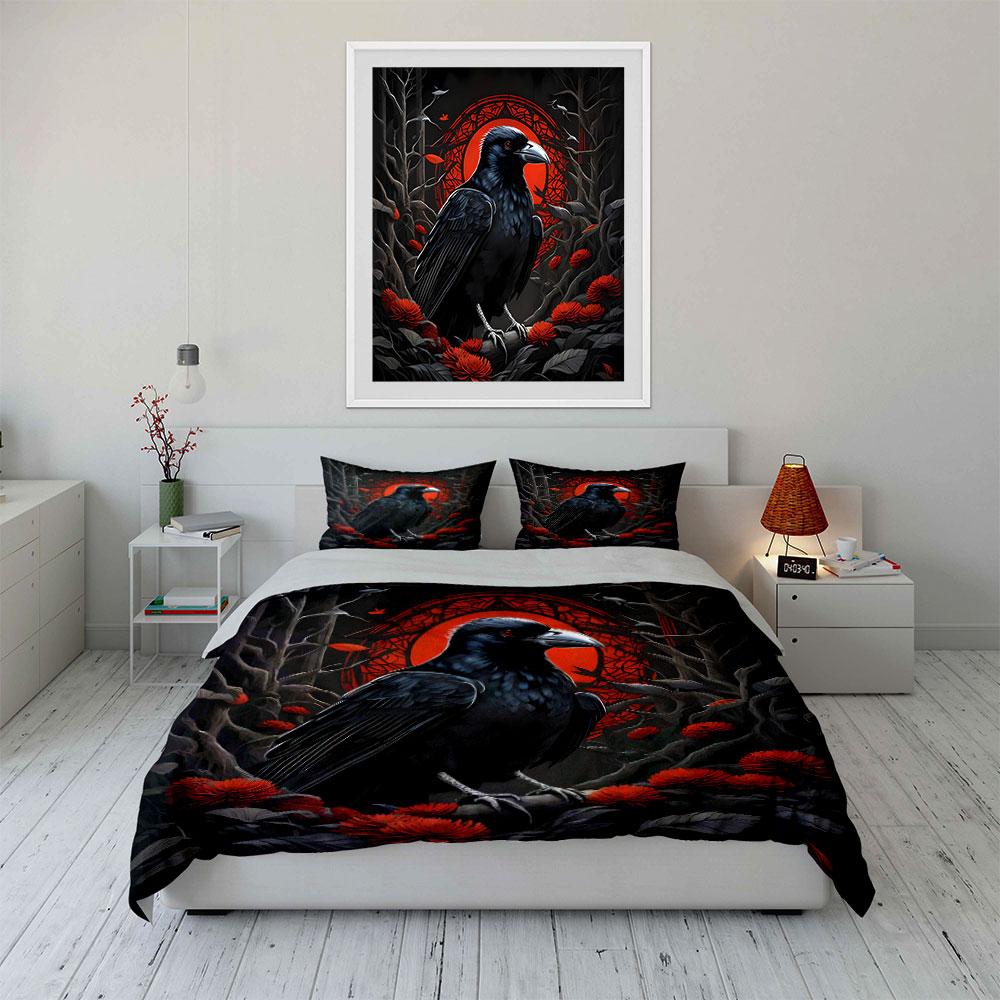 "Raven Art Decor Set Halloween" Bedding Set with 1 Duvet Cover 2 Pillowcases Single Double King Queen, Gift