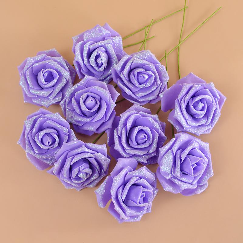 10/20Pcs Artificial Rose Flowers with Stem Foam Glitter Fake Flower Bouquet Wedding Party Centerpieces Home Garden Decoration