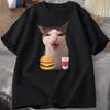 Cat Crunching Food Meme Tshirt Women Unisex Silly T Shirts Funny Cat Eating TShirt Cotton Short Sleeve Graphic Tees Streetwear