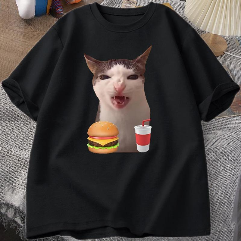 Cat Crunching Food Meme Tshirt Women Unisex Silly T Shirts Funny Cat Eating TShirt Cotton Short Sleeve Graphic Tees Streetwear