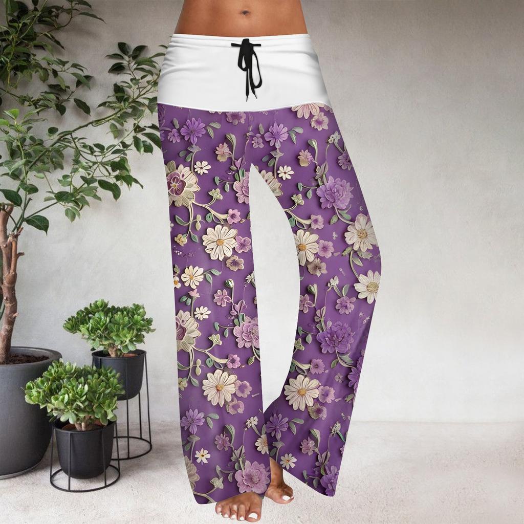 Pantaloni Casual Largi cu Talie Elastică cu Șnur pentru Femei, cu Imprimeu Floral și Blocuri de Culoare