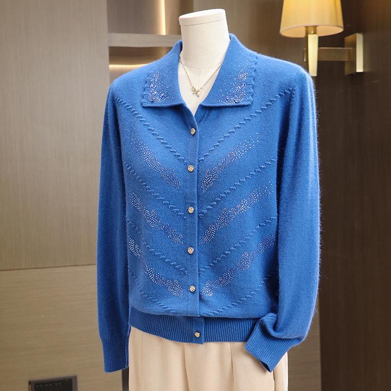 Elderly Women's Pure Wool Knitted Cardigan, Loose Plus Size Outerwear for Spring and Autumn