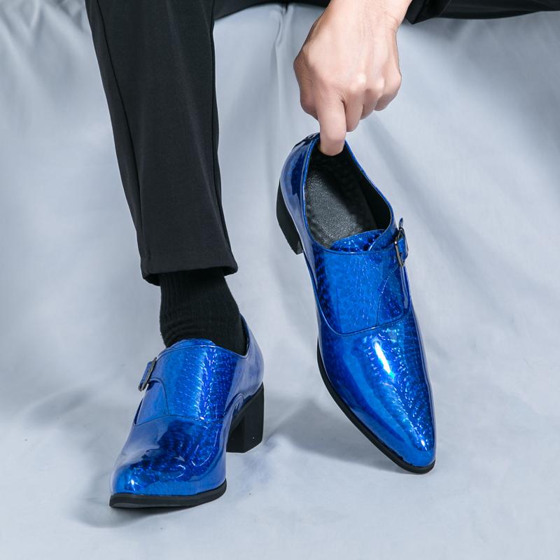 Fashion Luxury High Heel Casual Men Monk Strap Shoes Blue Black Gold Polishing Loafers Men Dress Shoes Wedding Office Leather Shoes Men