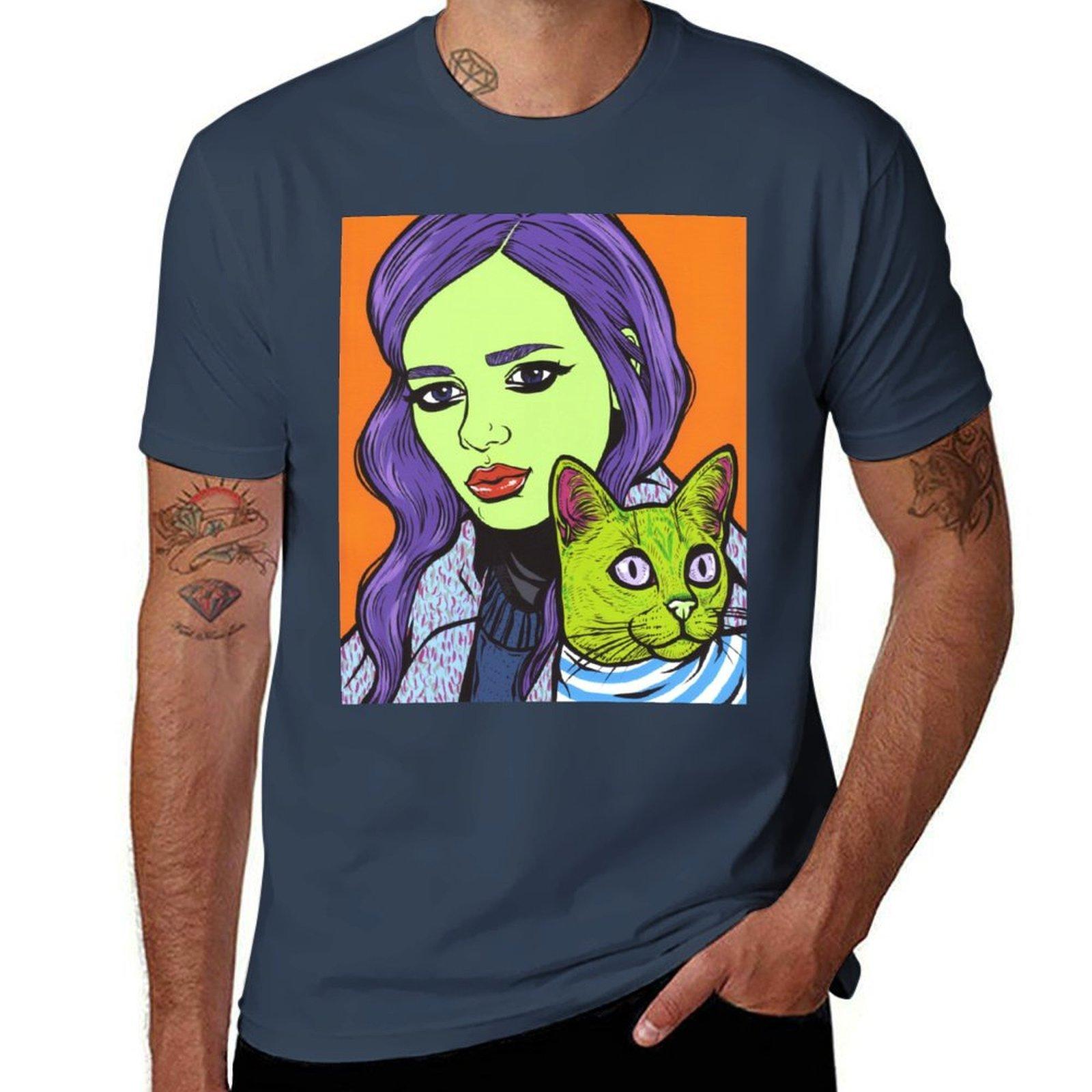 Girl With Cat Tshirt Simple Casual Short Sleeve Tee S