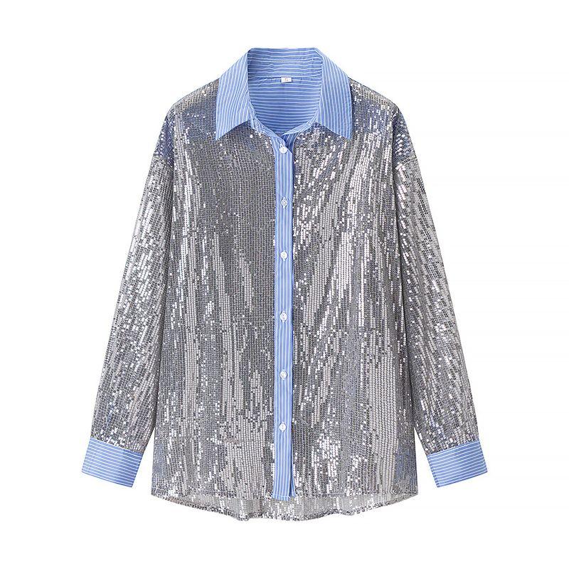 

Kaslead New Women clothes Western Style Fashion Long sleeve Loose Casual Sequins Shirts Silver Gray L