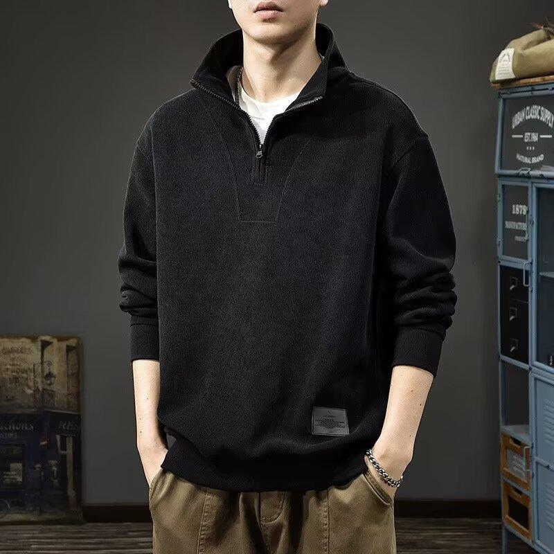 

Autumn New 2026 Corduroy Sweater Men s Spring and Autumn Tide Brand Long-sleeved Polo Shirt Men s Semi-zipper Stand-up Collar Top M чёрный