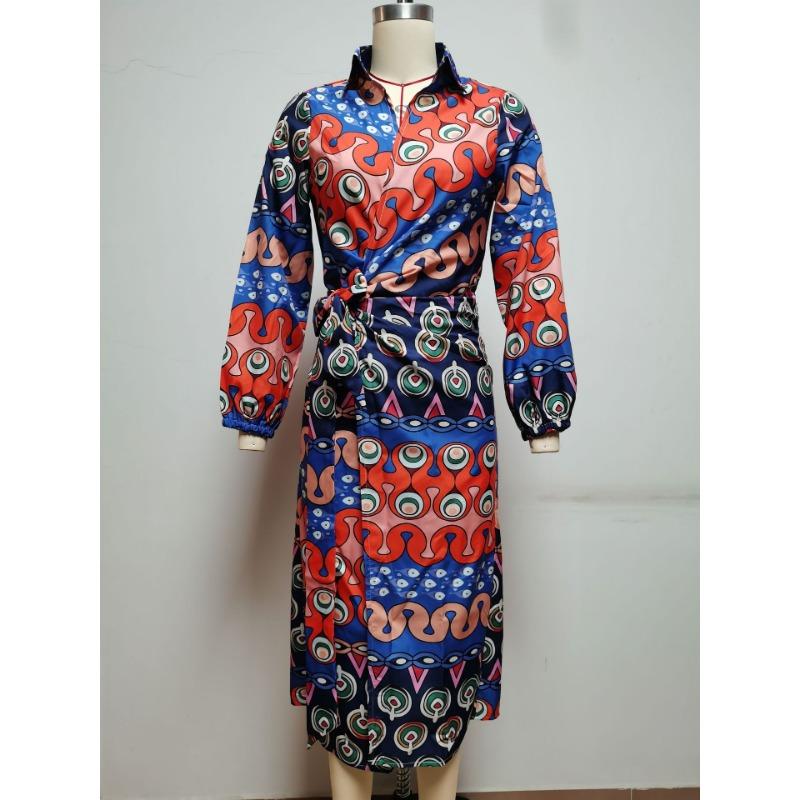 Spring and Autumn Women's Dress Fashion Printed Lantern Sleeve Tie Slit Lapel Dress Explosion Color Collision Medium Long Dresses
