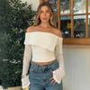 Spring French temperament one-word shoulder horn sleeve long-sleeved T-shirt new slim-fit design short top