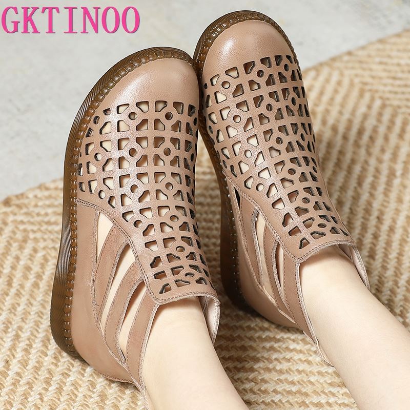 Fashion GKTINOO Large Size 2025 Genuine Leather Summer Sandals Breathable Hollow Boots Flat Soft Non-slip Comfortable Sandalias De Mujer