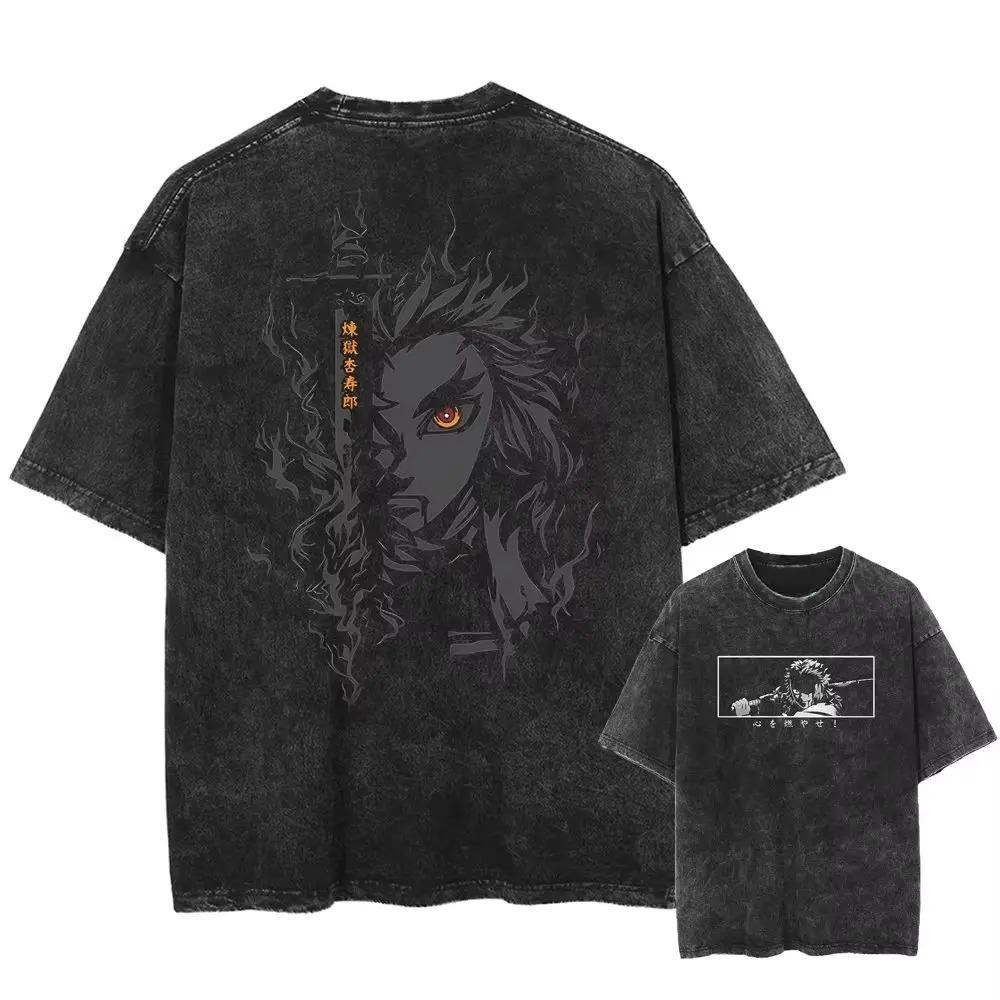 Demon Slayer Graphic T Shirts Man Anime Oversized Vintage Washed Women Casual Short Sleeved Tee Streetwear Y2k Top Summer Trendy