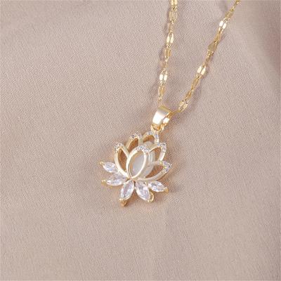 Luxus Damen Kristall Weiß Zirkon Stein Lotusblume Anhänger Halskette Vintage Gold Farbe Hochzeit Für Frauen