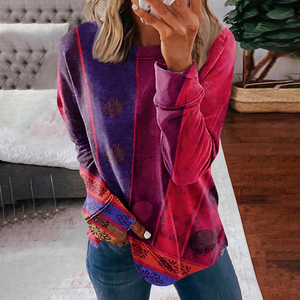 Women's Round Neck Tops Cotton Women's Casual Fashion Nationality Print Long Sleeve O-Neck Pullover Top Blouse