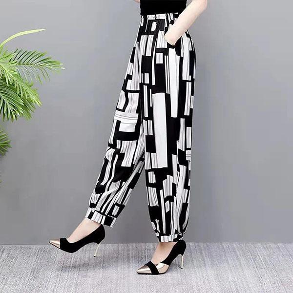 

Женские весенние широкие брюки, летние брюки больших размеров с принтом, осенние свободные брюки из ледяного шелка с высокой талией, защищающие от комаров XXXL