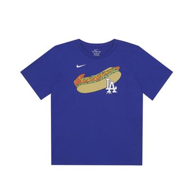 Koszulka MLB Kolaboracja Grafika Hot Doga Amerykańskiego Nadruk Liter Okrągły Dekolt Krótki Rękaw Styl Retro Top dla Dzieci Ciemnoniebieski 3Z3B7SBGR-LAD