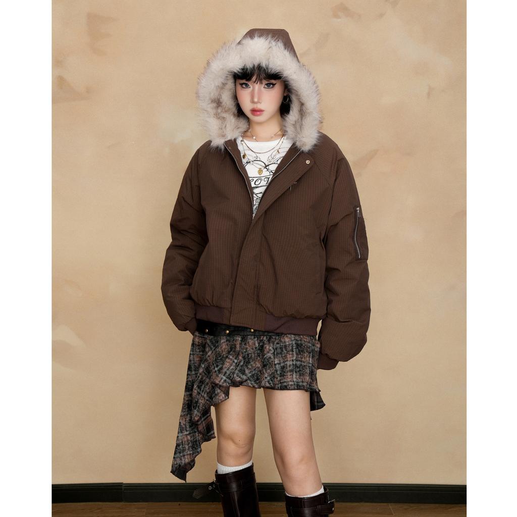 Women's Winter Warm Fur Collar Hooded Quilted Padded Jacket Brown Loose Causal Short Style Cotton-padded Coat