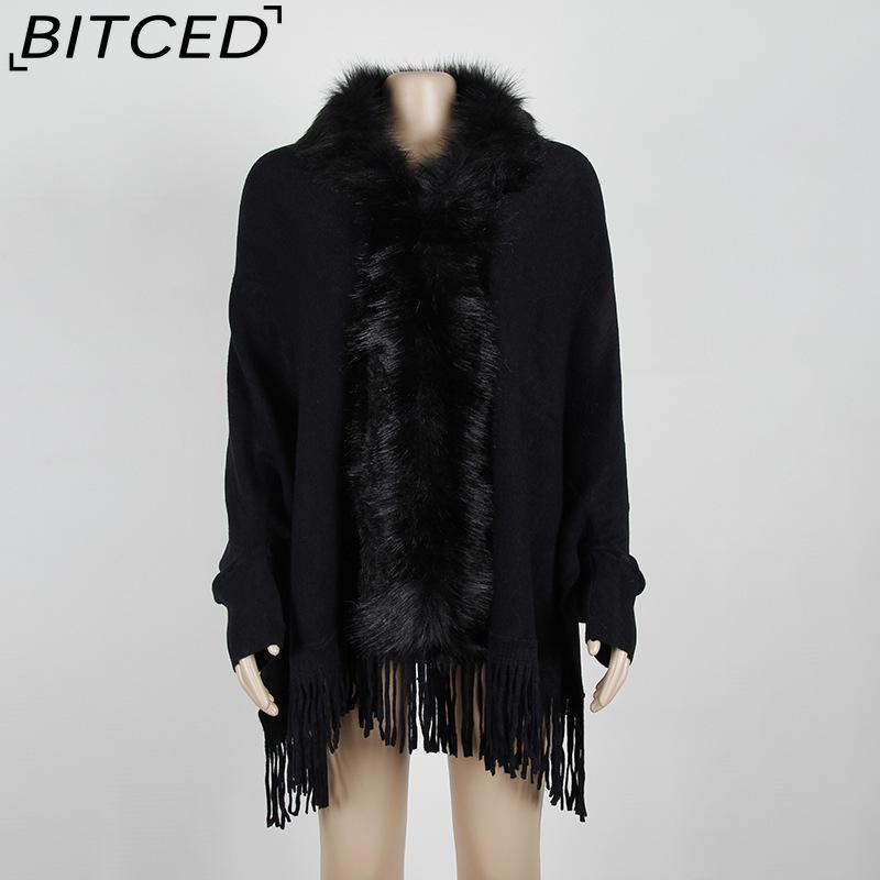 BITCED Fall/Winter Fringe Cape Shawl with Fur Collar Solid-Color Knit Sweater Jacket