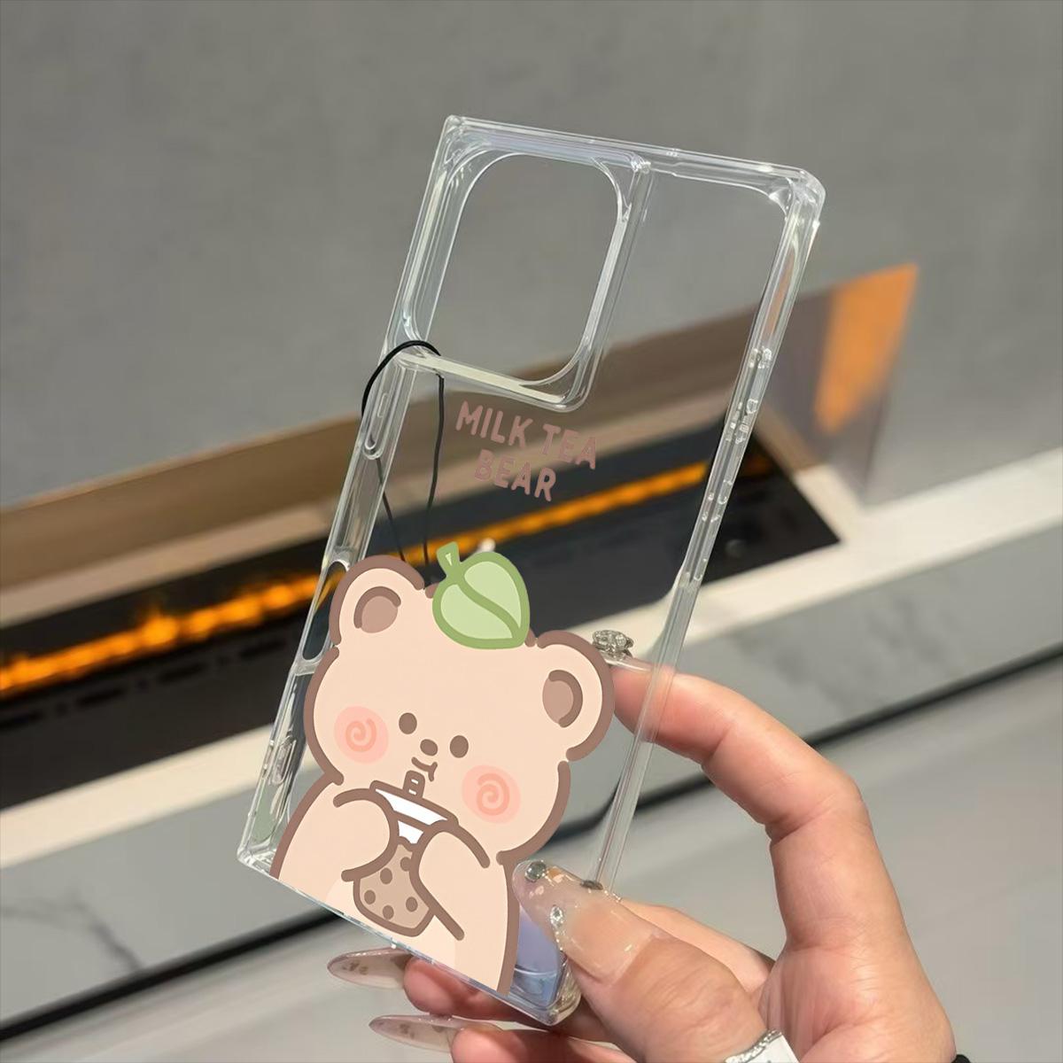 

Square Back Tube Protection Clear Case For iPhone 15 Plus 14 Pro Max 13 16 ProMax 11 12 Anti-Oxygen,Drinking Milk Tea With Teddy Bears Pattern Casing iphone 11 ProMax