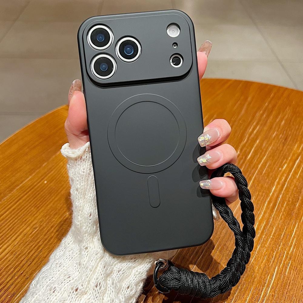 Braided Thick Cord Wrist Strap Bracelet Liquid Silicone Magnetic Case For iPhone 11 12 13 14 15 16 17 Pro Max Air Plus Cover