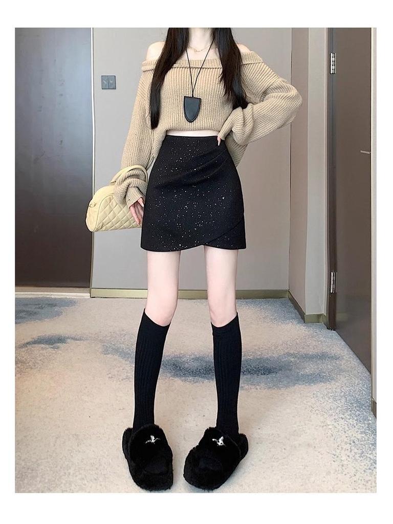 New Autumn/Winter 2025 Sequin Tweed High-Waisted Irregular Slim A-Line Skirt