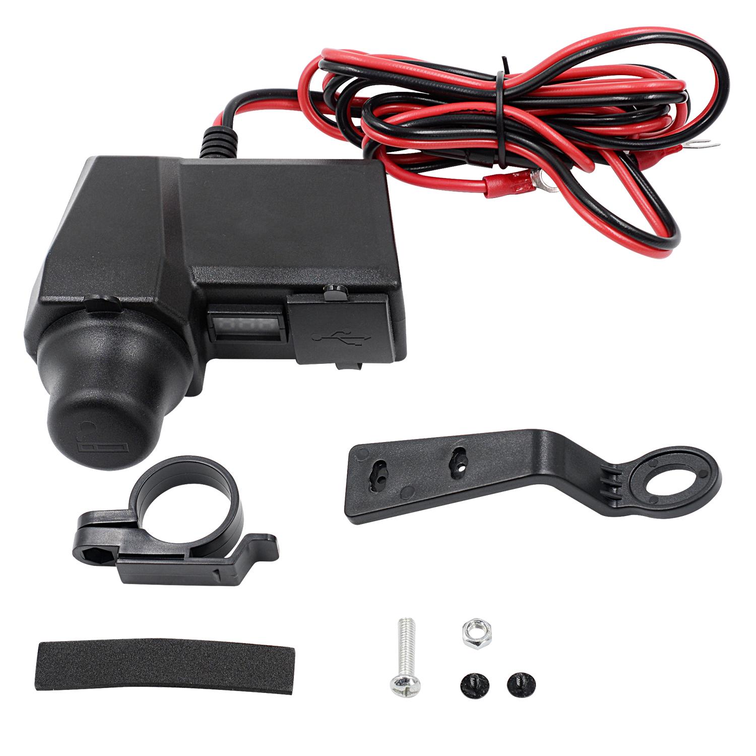 

12 В 2,1 А мотоциклетное зарядное устройство для телефона с двумя USB-портами, выключателем, светодиодным вольтметром и прикуривателем, зажим для руля мотоцикла, водонепроницаемое 8.8*6.9*2.2cm чёрный