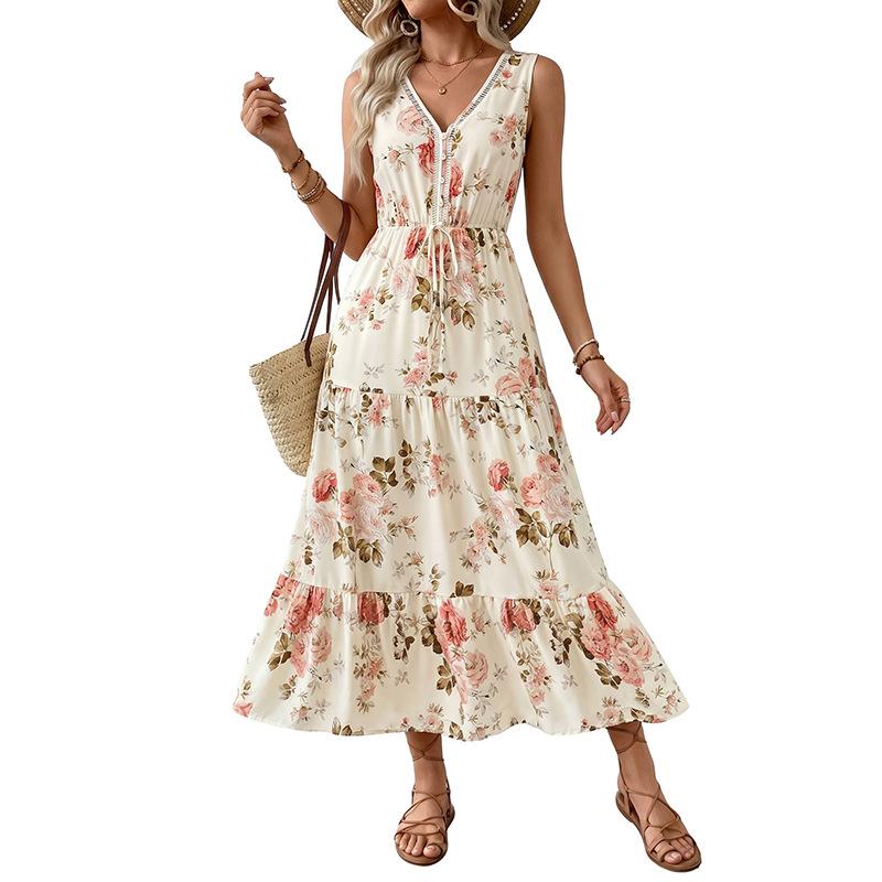 Independent station long dress summer new European and American women's clothing printed sleeveless dress