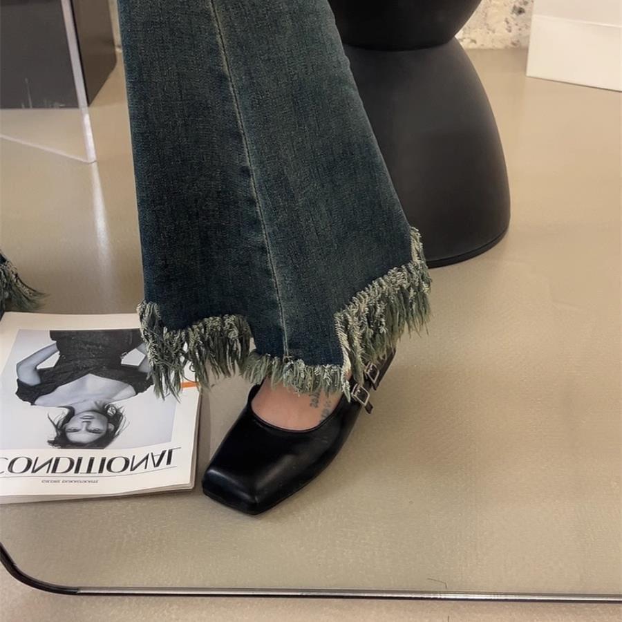 Square head shallow mouth single shoes women's spring new temperament soft flat Mary Jane shoes