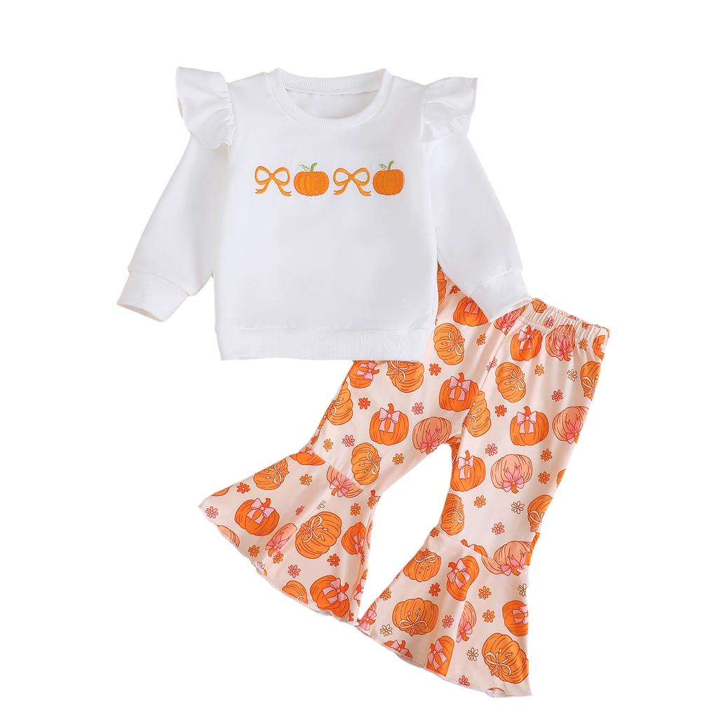 Kleinkind Mädchen Halloween Kürbis Stickerei Langarm Rundhals Pullover Sweatshirt und Elastische Taille Ausgestellte Hose Set