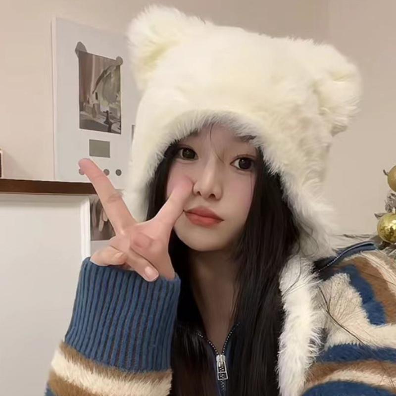 Winter Warm Plush Hat for Women Funny Bear Ear Hat Hooded Skull Hat Outdoor Activity Cap Windproof Headwear Pullover Hat