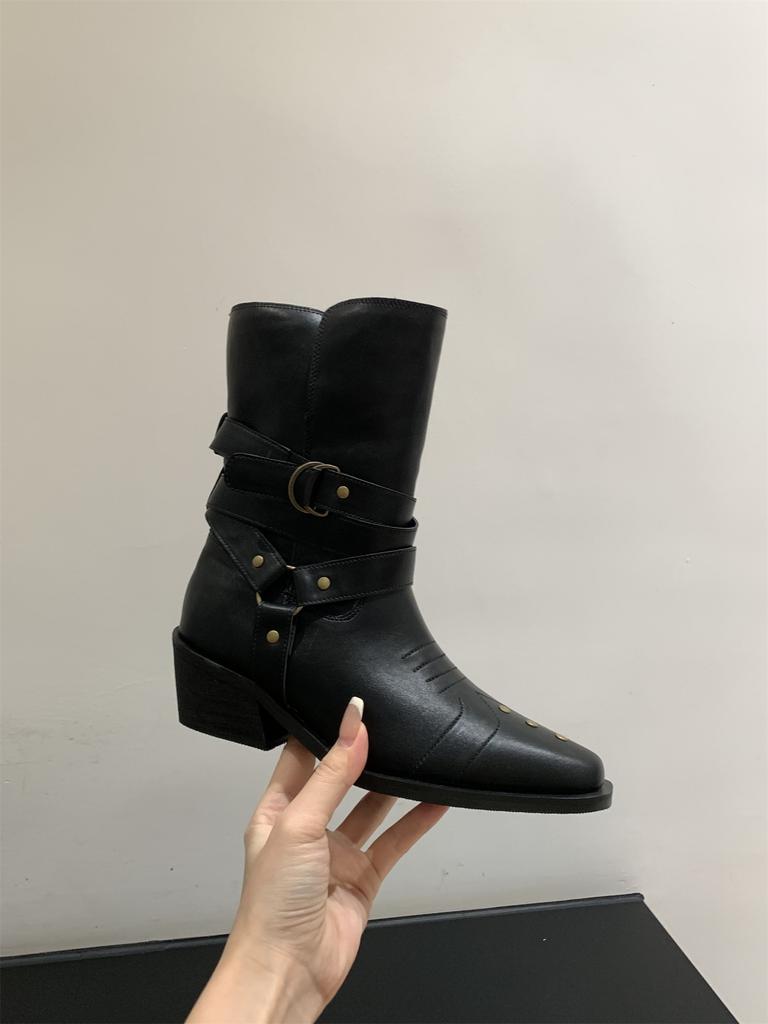 Brown Suede High Heel Medium Martin Boots Women's Boots 2025 Fall/Winter Western Cowboy Boots Pointed Skinny Short Boots