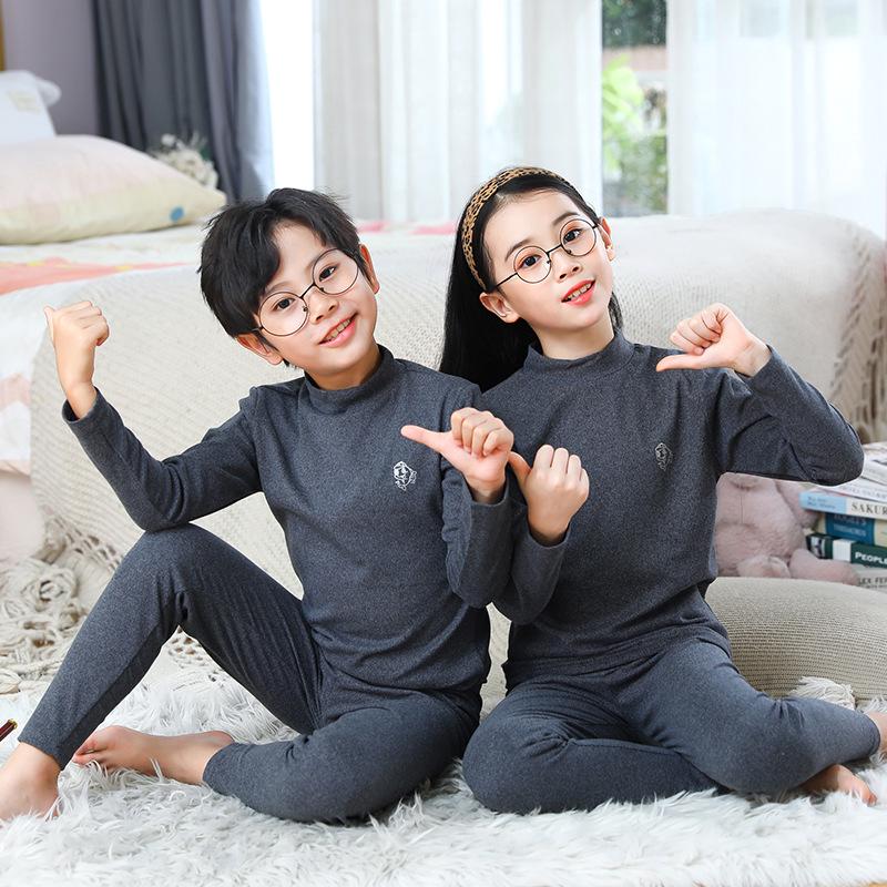 Children's Brushed Collar Underwear Set - Boys and Girls Warm Solid Color Autumn/Winter Pajamas