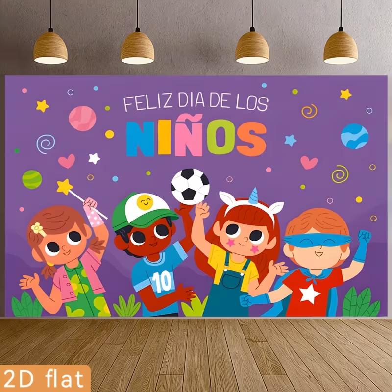 2D Feliz Dia De Los Ninos Backdrop, Happy Children's Day Cartoon Kids Photography Background Banner