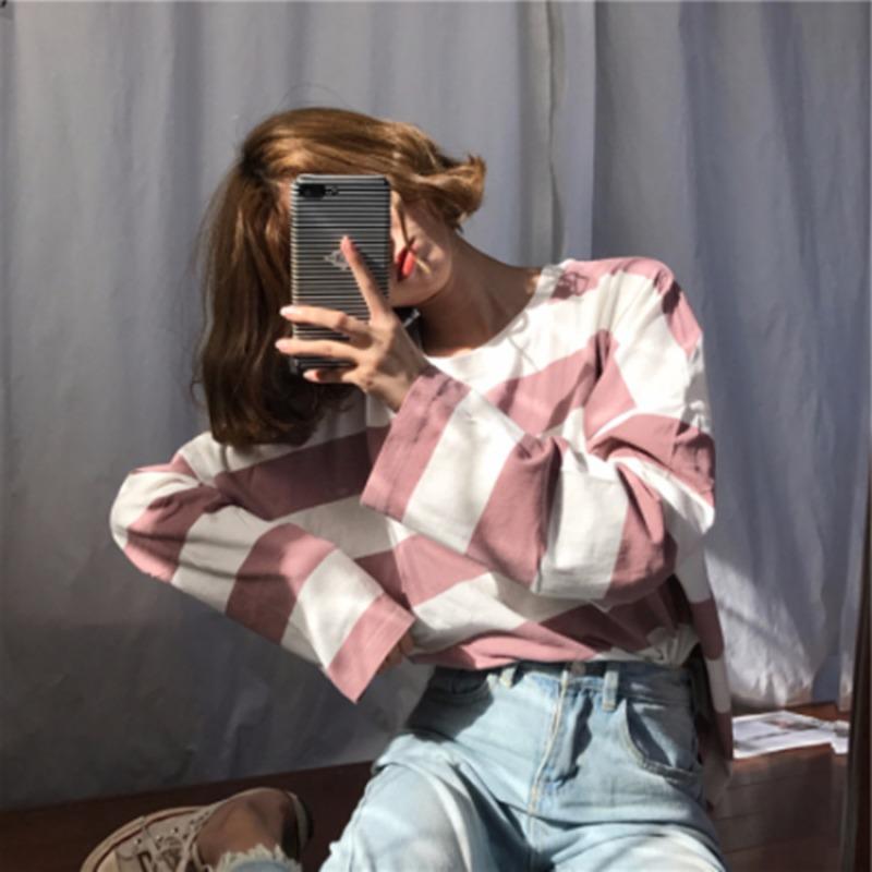 Damen Lockere Koreanischer Stil Gestreifte Langarm Pullover Basis T-Shirt