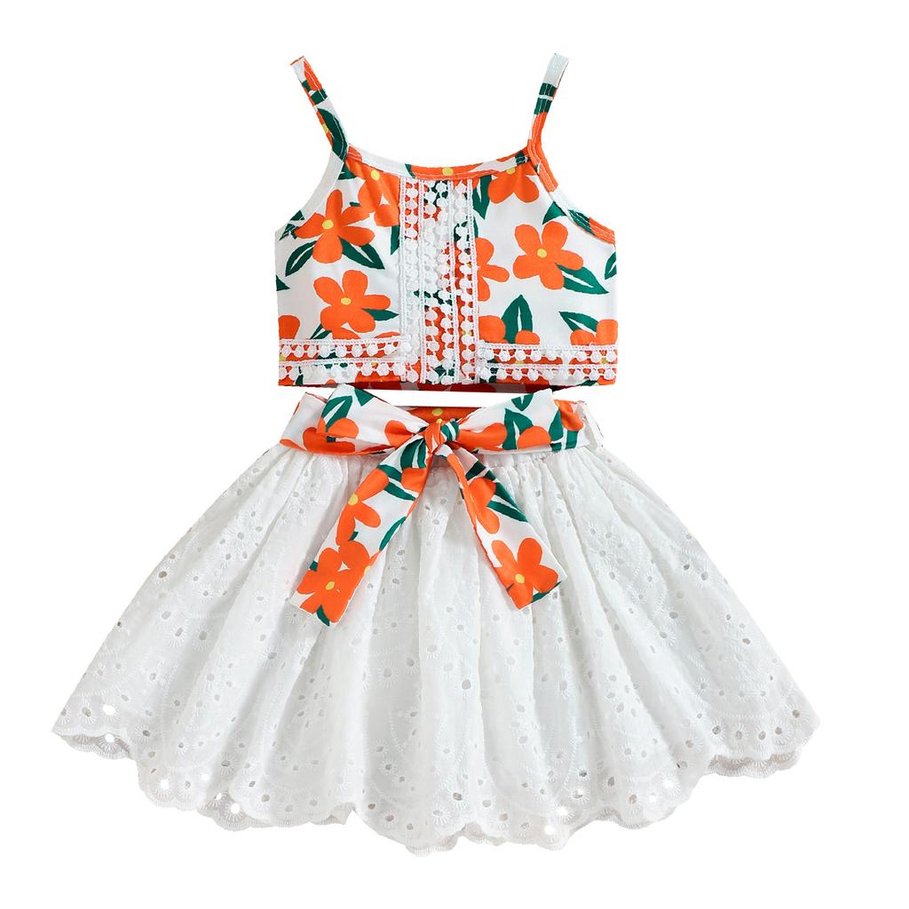 Children's Fashion Set Summer Girls Casual Printed Lace Halter Hollowed-out Cotton Dress Two-piece Set