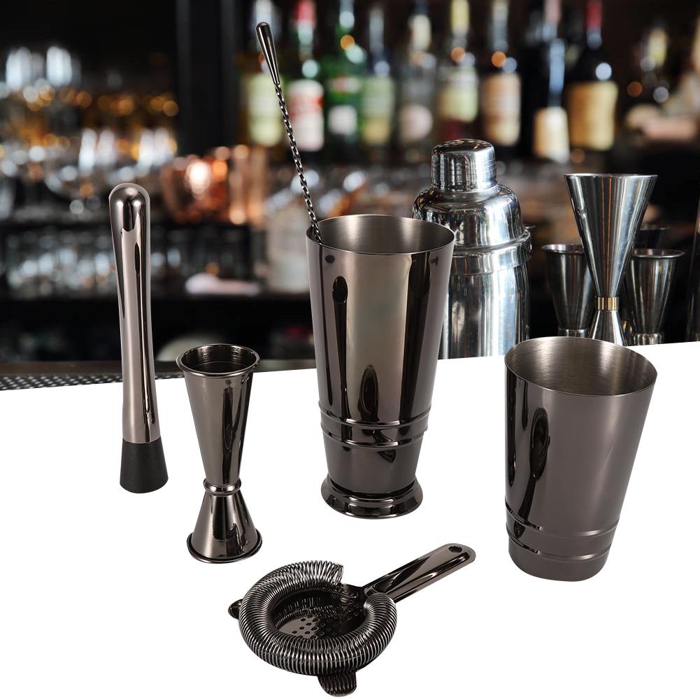5Pcs/Set Black Stainless Steel Boston Cocktail Shaker Measuring Cup Strainer Mixing Spoon Set