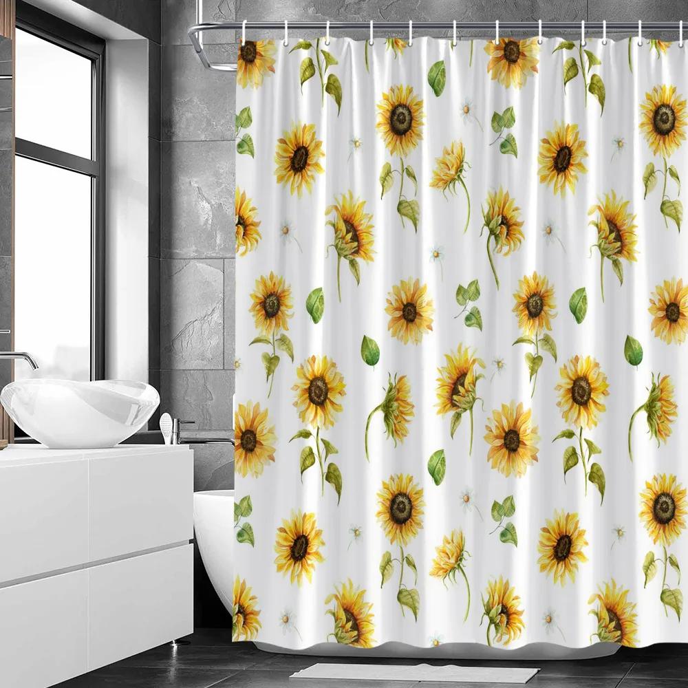 Yellow Sunflower Shower Curtain Summer Floral Fabric Decorative Bathroom Hanging Curtains Autumn Rustic Botanical Bathroom Decor