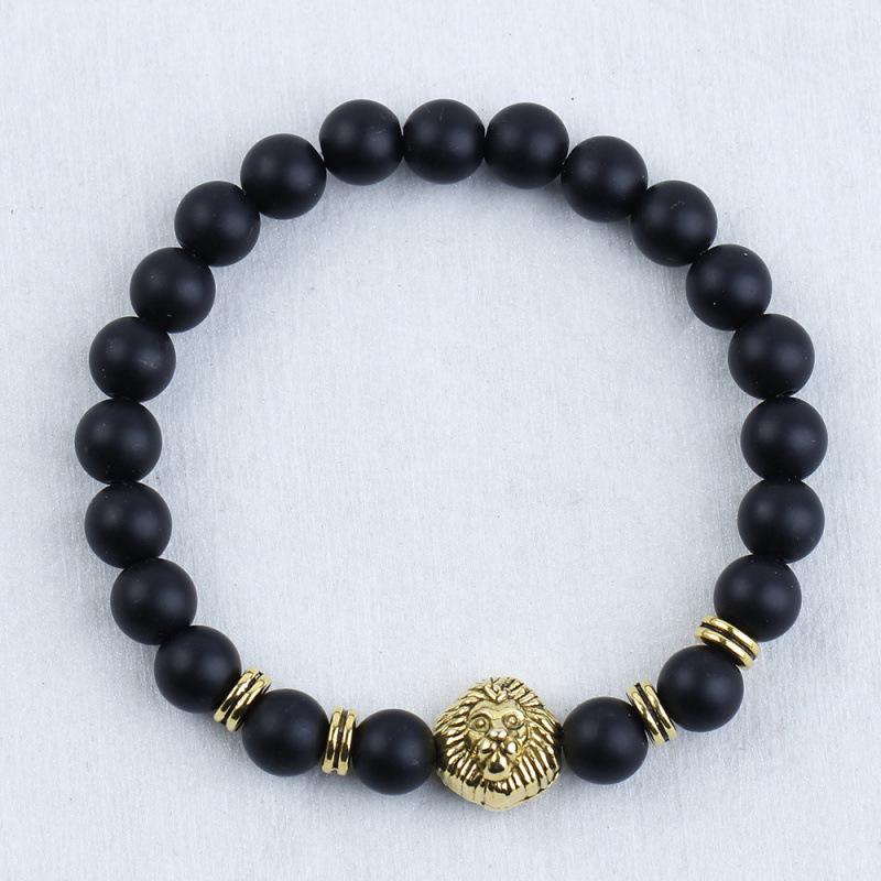 8mm Beaded Bracelet with Lion and Leopard Heads, Natural Volcanic Stone & Malachite on Elastic Cord