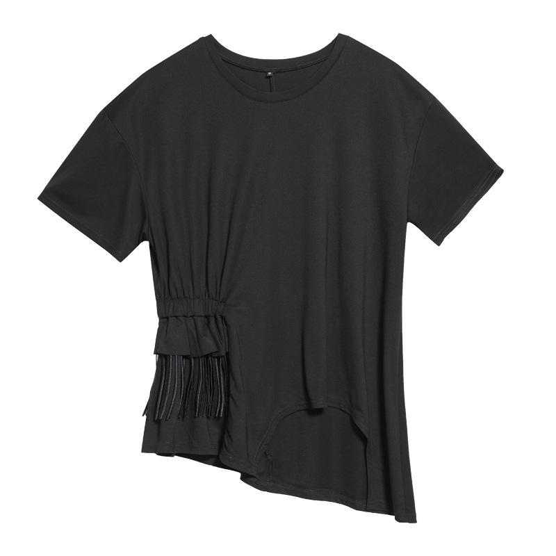 European & American Summer Women's Lace Tassel T-Shirt: Short-Sleeved, High-Street, Ins-Style, Cold Splicing, Irregular Design.