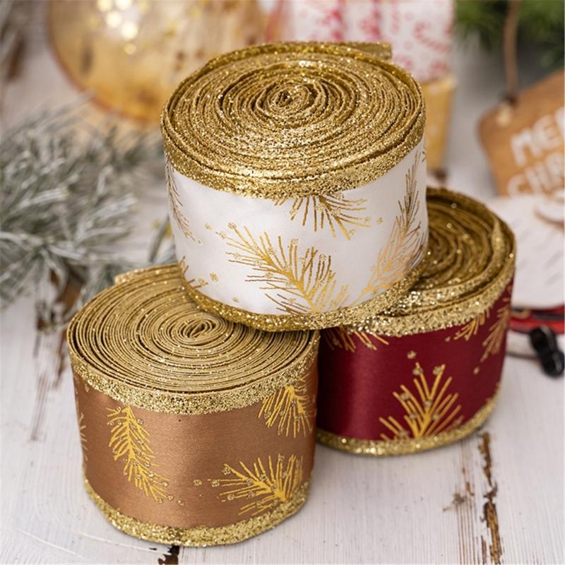 5Meters Glittering Powder Leaf Christmas Ribbon Festival Gifts Wrapping for Holiday Gifts and Christmas Tree Decoration