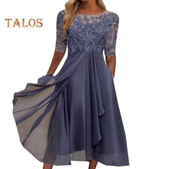 Damen Midikleid mit Blumenspitze, Sommerkleid mit Rundhalsausschnitt, Chiffon, Swing-Kleid, Cocktailkleid, Abendkleid, langes Kleid für Hochzeitsgäste, Brautjungfernparty
