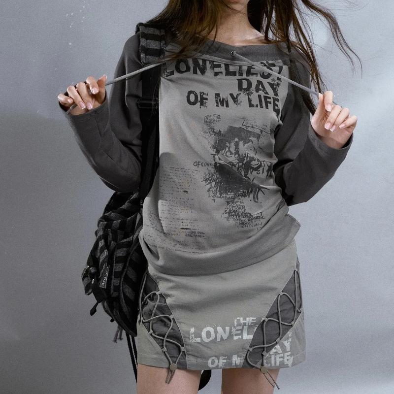 2000s Grunge Vintage Streetwear Mikina Dámská Americká Retro Y2k Harajuku Sexy Estetická Volná Pulovry Nepravidelná Slim Fit Trička