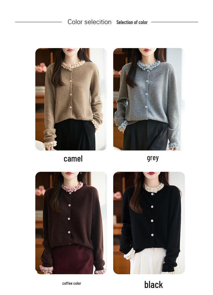 Women's Pure Wool French Color Block Cardigan with Lace Collar - Autumn/Winter Knit Sweater.