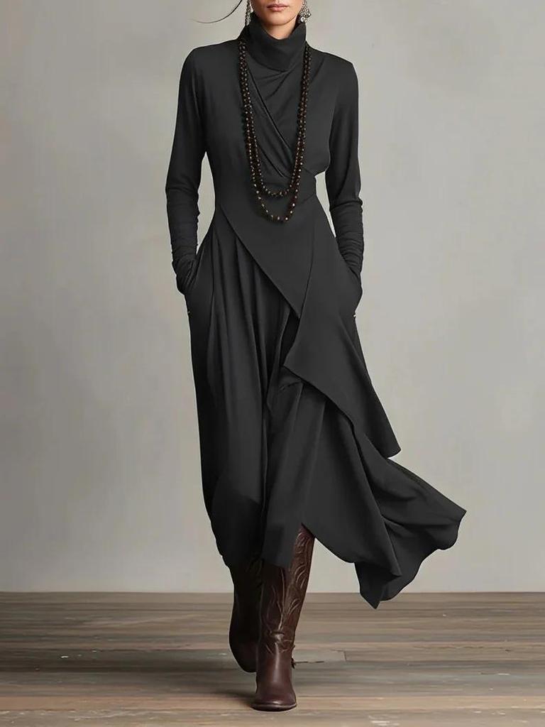 2025 European Women's Solid Color Long Sleeve Turtleneck Maxi Dress