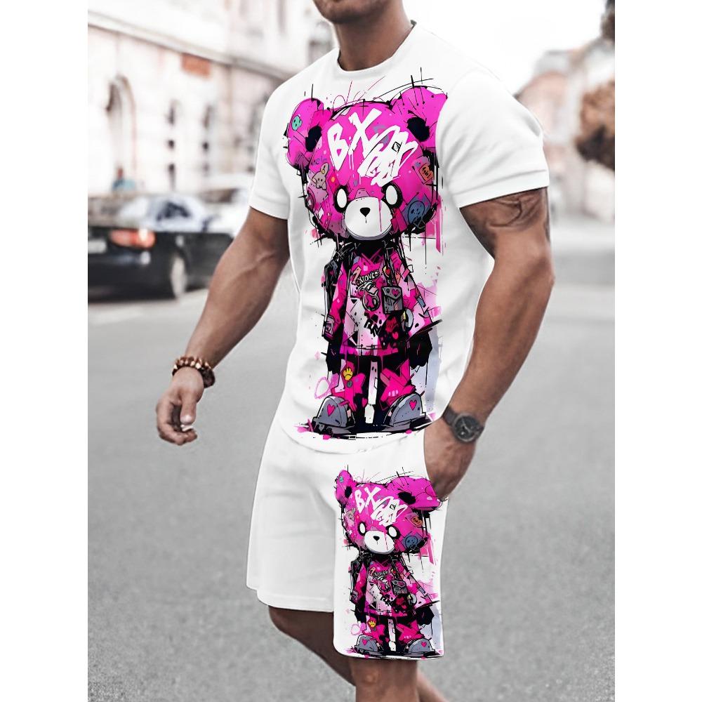 Summer Men's Fashion Casual Sports Set Loose-Fit Trendy Doll Graffiti Print Crew Neck Short Sleeve Two-Piece Set with Shorts